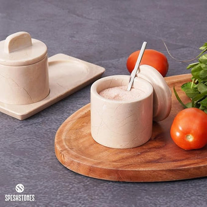 Marble Salt Cellar Beige 4 Inch Salt Jar with Lid, Table Salt Containers for Countertop, Salt Dish, Salt Holder, Spice Jars, Sugar Bowl, Seasoning Container Set of 2, Salt Dispenser