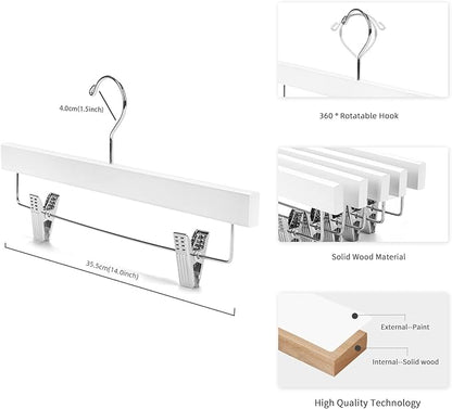 Nature Smile Deluxe Wooden Pants Hangers Solid Wood Bottom Jeans Hanger Skirt Hanger with 2-Adjustable Clips Pack of 20 (White)