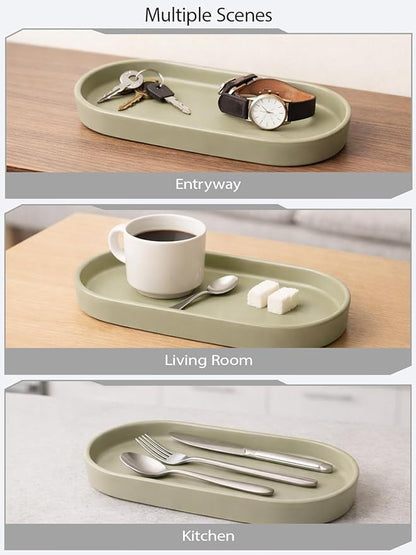 Matte Green Ceramic Bathroom Tray for Countertop, Minimalist Vanity Organizer Dish for Perfume, Jewelry & Soap, Oval Decorative Tray for Bathroom Sink, Dresser, Coffee Bar or Kitchen Counter