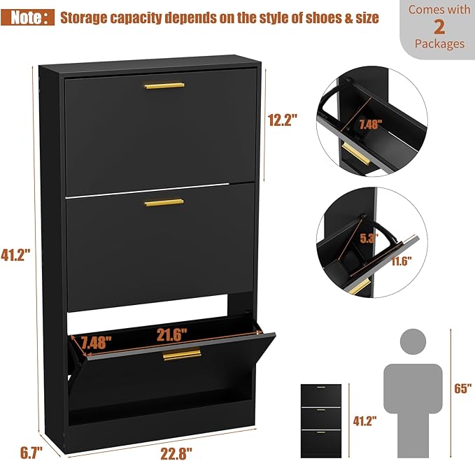 JOZZBY Shoe Cabinet Storage with 3 Flip Drawers for Entryway, Black Slim Freestanding Modern Narrow Shoe Organizer Rack Cabinet for Hallway, Living Room, Set of 2