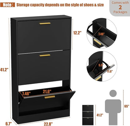JOZZBY Shoe Cabinet Storage with 3 Flip Drawers for Entryway, Black Slim Freestanding Modern Narrow Shoe Organizer Rack Cabinet for Hallway, Living Room, Set of 2