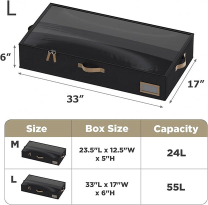 Under Bed Storage, Under Bed Storage Containers Bins for Clothes, Large Linen Underbed Closet Organization Bins, 2 Pack Collapsible Underbed Bin Dorm for Clothes, Sweater, Black