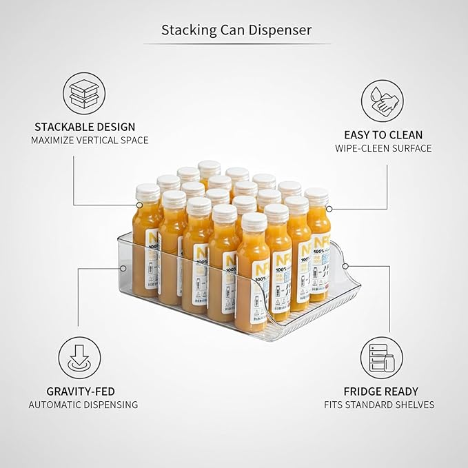 Stacking Can Dispenser, Gravity Fed Beverage Organizer Rack for Refrigerator, Clear PP Plastic Storage for Soda Cans and Bottles