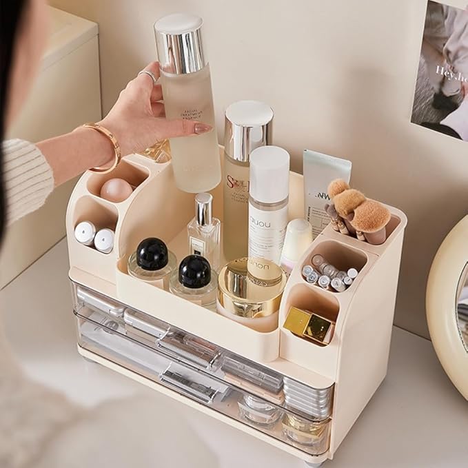 Extra Large Makeup Organizer with 2 Wide Drawers Divided Top Compartment, Spacious Cosmetic Display Case, 4 Colors Skincare Storage box for Vanity and Countertop (White)