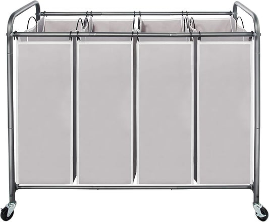 STO STO Laundry Sorter 4 Section, 4 Bag Clothes Hamper, Rolling Laundry Cart Basket with Heavy Duty Lockable Wheels and Removable Bag for Laundry Room, Bedroom, Closet, Gray