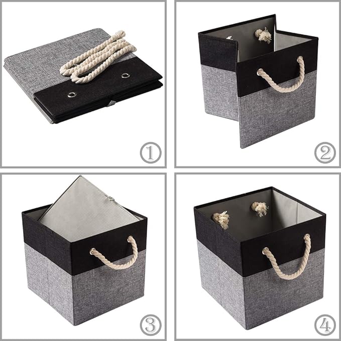 PRANDOM Large Foldable Cube Storage Bins 13x13 inch [4-Pack] Fabric Linen Storage Baskets Cubes Drawer with Cotton Handles Organizer for Shelves Nursery Closet Bedroom Black
