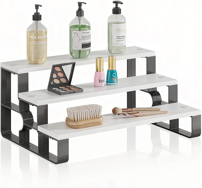 Perfume Organizer for Women,3 Tier Bathroom Organizer,Makeup Organizers,Cologne Stand for Dresser,Wooden Display Riser for Vanity,Bedroom,Waterproof (White Width=11.2")