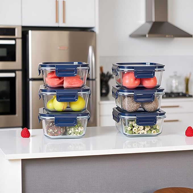 2 Cup Square Glass Food Containers set, Small Square Food Storage Containers With Airtight Lids, BPA free 16oz small Glass Meal Prep Bowls, Dishwasher, Microwave, Freezer Safe (Dark Blue)