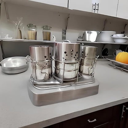 Self Draining Tableware Utensil Storage Box- Spoon,Knife,Fork,Chopstick,Steel Cutlery Holder/Organizer Stand For Kitchen Kitchen Utensil Organizer, 3 Compartments, Silver, Storage RacK