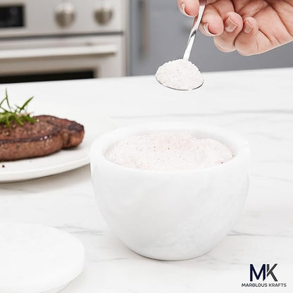 MARBLOUS KRAFTS Marble Salt Holder with Lid and Spoon 3 x 4 White Spice Jar for Kitchen Countertop, 4.7 oz, Ideal Seasonings, Sugar Bowl, and Salt Storage, gifts for mom