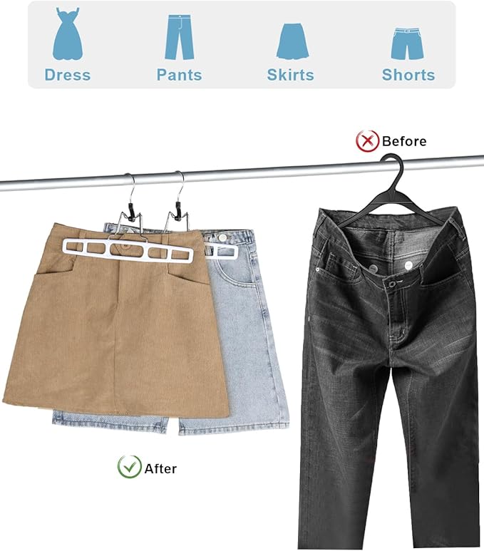AMKUFO 12 Pack Pants-Hangers Skirt-Hangers, Plastic Pant-Hangers-for-Women Men, Pants-Hangers-Space-Saving, Clamp Hangers-for-Pants Jeans Shorts Tie Belt