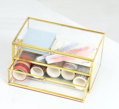 ZEXALOR 2-Tier Vintage Clear Desk Organizer with Drawer,Gold Decorative Storage Boxes,Jewelry Holder Display Tray Trinket Boxes Glass Memory Keepsake Box Dresser Vanity Wedding Decor Gifts(Gold)