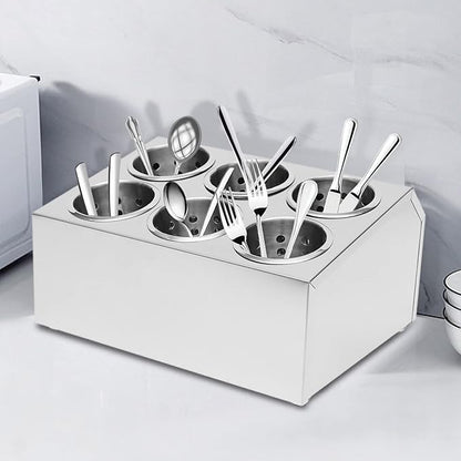 Commercial Utensil Holder, Commercial 6-Hole Stainless Steel Cylinder Flatware Silverware Utensil Holder Compact Cutlery Organizer Countertop Silverware Organizer for Restaurant (6-Hole)