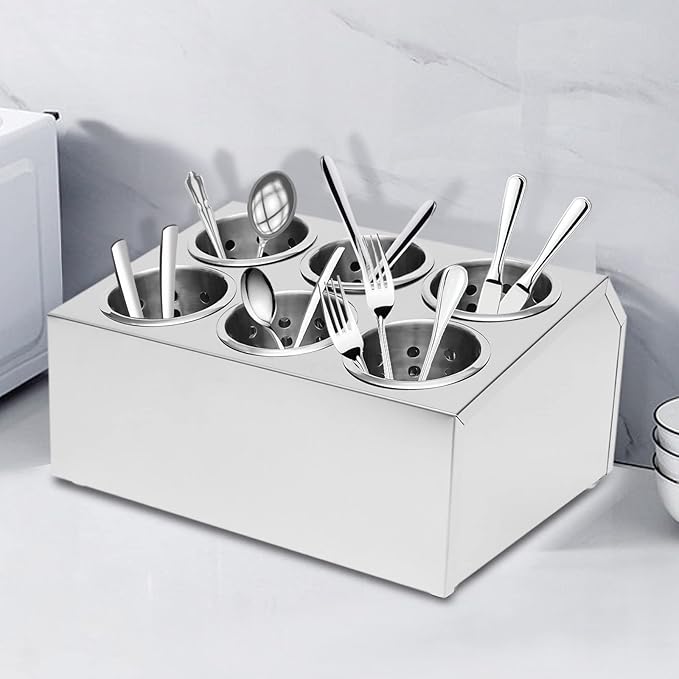 Commercial Utensil Holder, Stainless Steel Cylinder Flatware Silverware Utensil Holder Organizer Countertop Forks Spoons Knife Utensil Caddy Compact Cutlery Organizer(6 Hole)