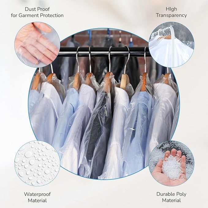 Clear Garment Bags, 0.6 Mil Plastic (21"x7"x72"), 260 Bags/Roll, Transparent Dress Covers for Storage, Travel and Dry Cleaning