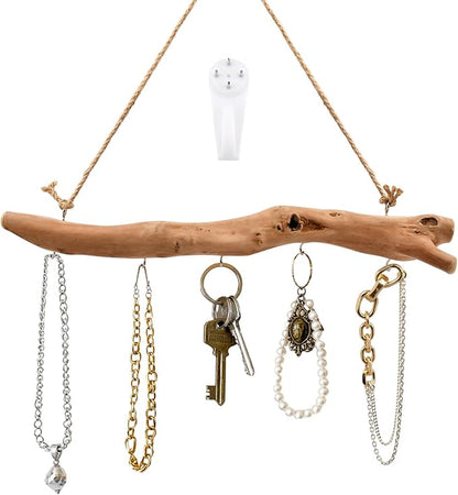 15Inch Driftwood Wall Hanging Jewelry Organizer - Rustic Wood Tree-Shaped Wall Decor with 5 Hooks for Rustic, Boho & Farmhouse Home