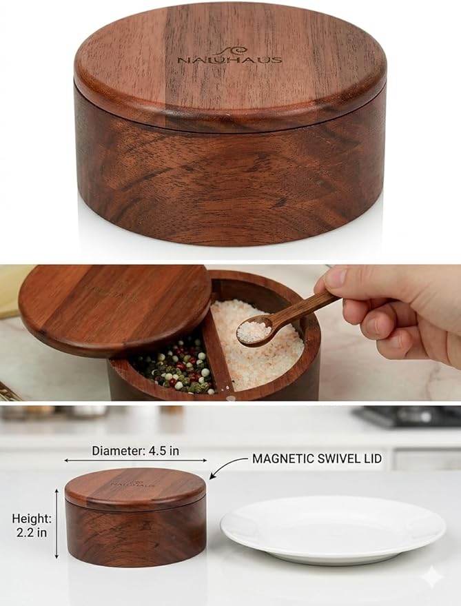 Acacia Wood Salt and Pepper Bowl Set with Swivel Magnetic Lid & Spoon Eco-Friendly Kitchen Countertop Organizer Moisture-Proof Storage for Sea Salt, Spices, Herbs Natural Wood