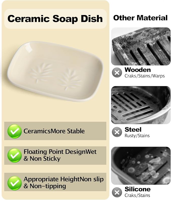 Ceramic Soap Dish for Bathroom and Kitchen, Non-Slip Bar Soap Holder with Fast Drain Design, Soap Saver Tray for Sink,Yellow