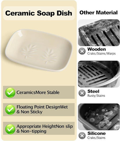Ceramic Soap Dish for Bathroom and Kitchen, Non-Slip Bar Soap Holder with Fast Drain Design, Soap Saver Tray for Sink,Yellow