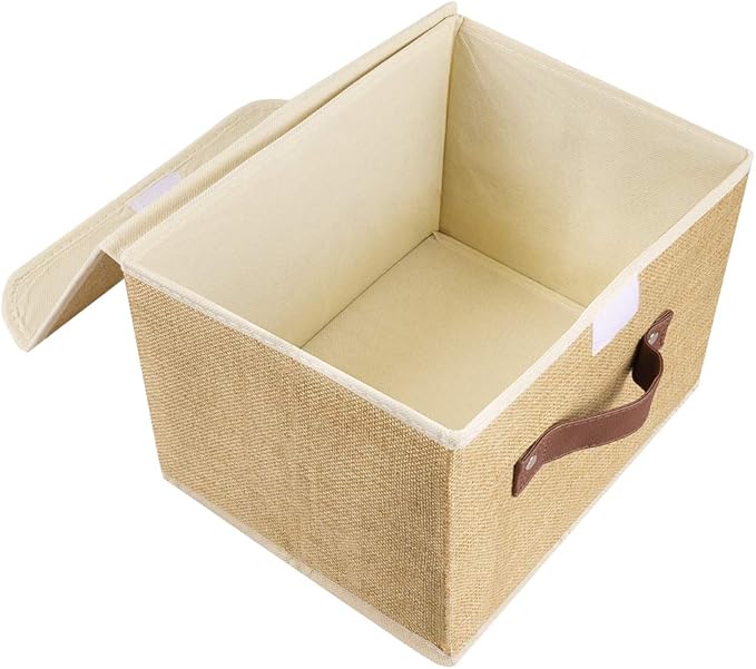 Lucky Monet Storage Bins Boxes with Lids 2 Pack Decorative Storage Boxes Collapsible Fabric Storage Basket Containers Lidded Storage Cube for Organizing Closet Home Office, 10"x 8"x 7" (Khaki)
