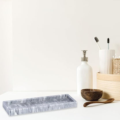 Bey-Berk Marble Bath Tray in Cloud Grey, 14.25" Slim Vanity Organizer, Serene Stone Accent