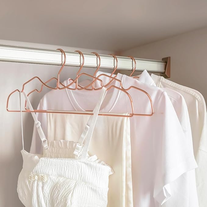 20 Pack Heavy Duty Metal Steel Wire Clothes Hanger, Ultra Slim & Short Neck Hanger,Space Saving Durable Non-Slip Felt Hangers, Closet Organizer for Home Dorm Laundry (Rosy Gold)