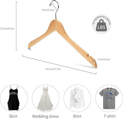 Nature Smile Solid Gugertree Wood Shirt and Dress Hangers with Notches with Anti-Rust Chrome Hook Pack of 10 (Natural)