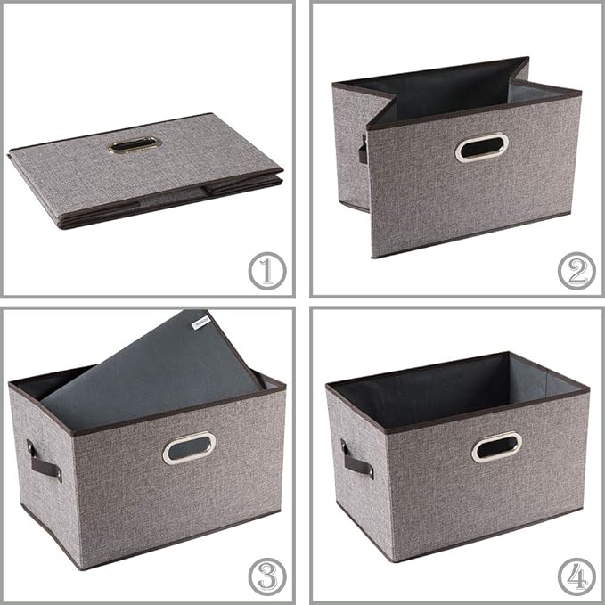 PRANDOM Larger Collapsible Storage Bins for Closet [3-pack] Decorative Linen Fabric Storage Baskets Cubes with Leather/Metal Handles for Living Room Cloth Grey and Black Trim (17.3x12.2x10.4 Inch)
