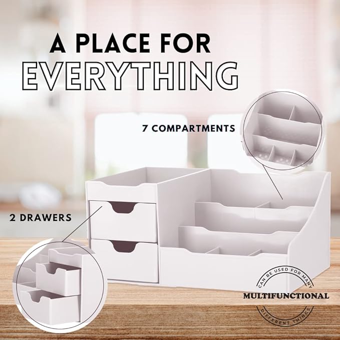Mantello Cosmetic Storage Organizer - Sitting on Your Vanity, Bathroom Counter or Dresser - Easily Organize Your Cosmetics, Jewelry, Hair Accessories (White)