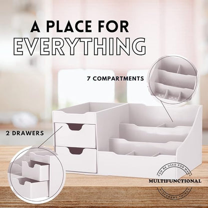 Mantello Cosmetic Storage Organizer - Sitting on Your Vanity, Bathroom Counter or Dresser - Easily Organize Your Cosmetics, Jewelry, Hair Accessories (White)