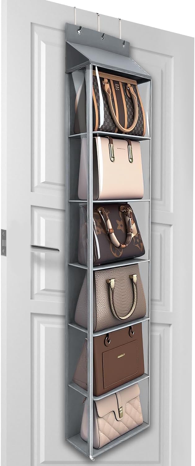 Lirex Over The Door Purse Organizer & Purse Shelf for Closet – Handbag Storage Organizer with Purse Hanger. Perfect for Scarves, Hats, and Leggings. S (11.8'' x 5'' x 51.6''), Grey