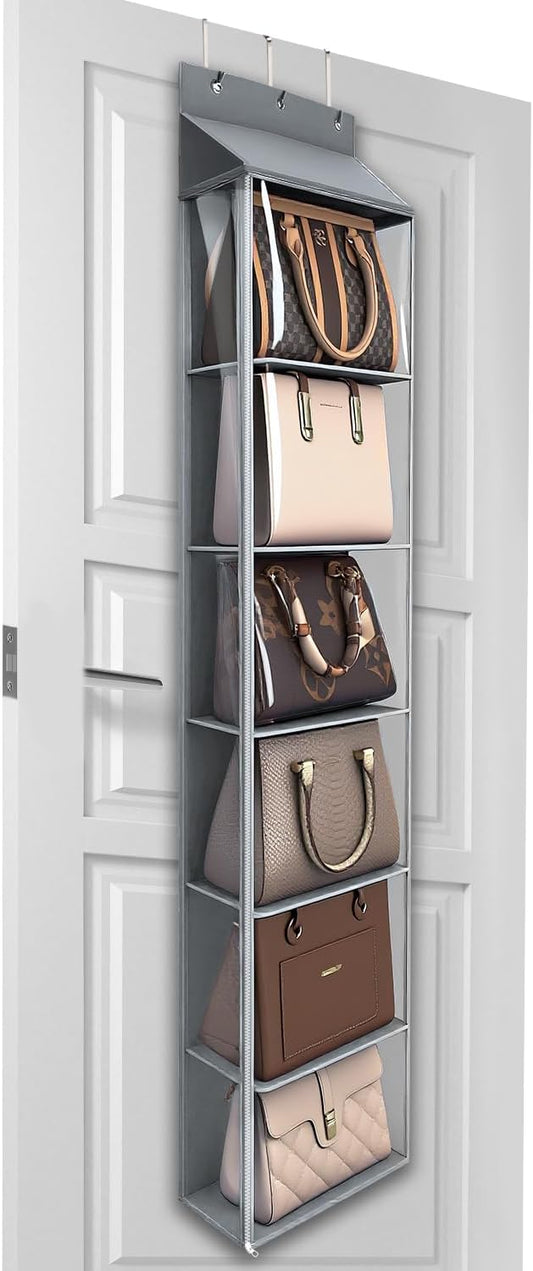 Lirex Over The Door Purse Organizer & Purse Shelf for Closet – Handbag Storage Organizer with Purse Hanger. Perfect for Scarves, Hats, and Leggings. S (11.8'' x 5'' x 51.6''), Grey