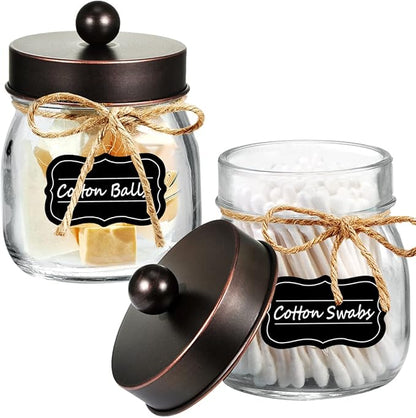 Amolliar Mason Jar Bathroom Storage Organizer -Oil Rubbed Bronze- Rustic Farmhouse Decor Bathroom Accessories - Qtip Holder Dispenser Glass Apothecary Jar-Qtips,Cotton Swabs,Ball,Flossers (2 Pack)