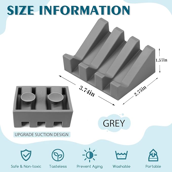 Self Draining Silicone Soap Dish with Suction Cups - Non-Slip Bar Soap Holder for Shower & Kitchen, Waterfall Tray Keeps Soap Dry, Easy Clean, Extends Soap Life (Gray, 1 Pack)