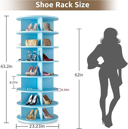 Rotating Shoe Rack 7 Tier Spinning Shoes Organizer Tower for 28-32 Pairs Lazy Susan 360 Revolving Shoe Storage Cabinet Rotate Shoe Handbag Rack Round Carousel for Closet, Bedroom (Blue)