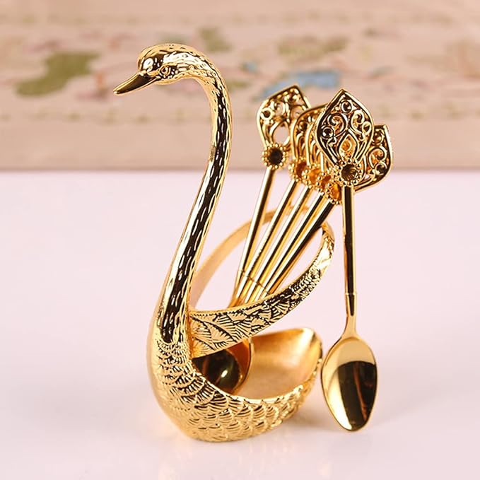 Coffee Spoon Set With Holder, Swan Spoon & Fork Holder, Elegant and Charming Decorative Spoons Organizer Serving Kit, Durable Spoons Coffee Station Storage Organizer(COLOR:Gold)