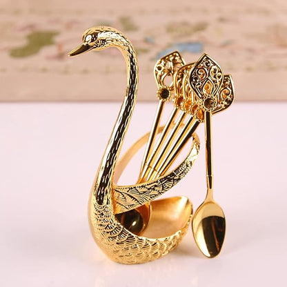 Coffee Spoon Set With Holder, Swan Spoon & Fork Holder, Elegant and Charming Decorative Spoons Organizer Serving Kit, Durable Spoons Coffee Station Storage Organizer(COLOR:Gold)