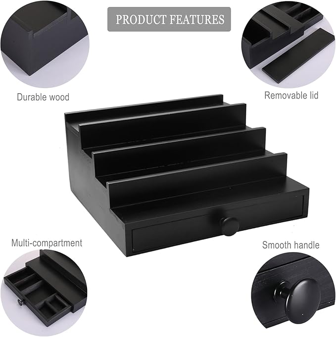 Black Cologne Organizer for Men - 4 Tier Wooden Perfume Display Stand with Drawer and Hidden Compartment for Organizing and Storing, Cologne Holder Shelf for Dresser