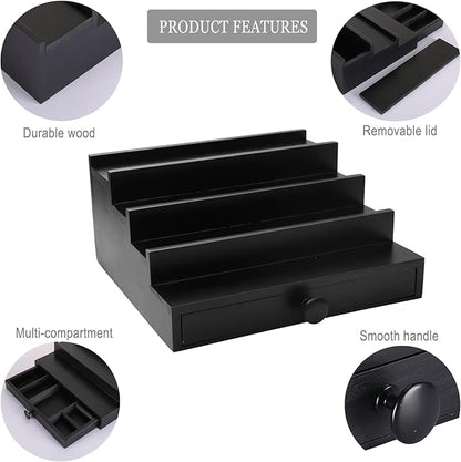 Black Cologne Organizer for Men - 4 Tier Wooden Perfume Display Stand with Drawer and Hidden Compartment for Organizing and Storing, Cologne Holder Shelf for Dresser
