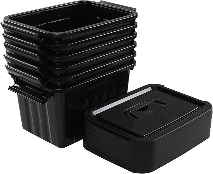 6L Plastic Storage Boxes, 6 Pack Black Storage Bins with Lids