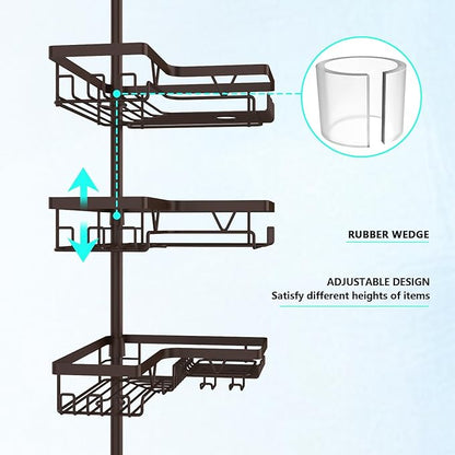 DAOYA Corner Shower Caddy Tension Pole - Adjustable 4-Tier Shower Shelf Stainless Steel Corner Tension Rod Bathroom Organizer Shampoo Holder with Soap Holders & Hooks for Bath, Tub, Floor Space Saving
