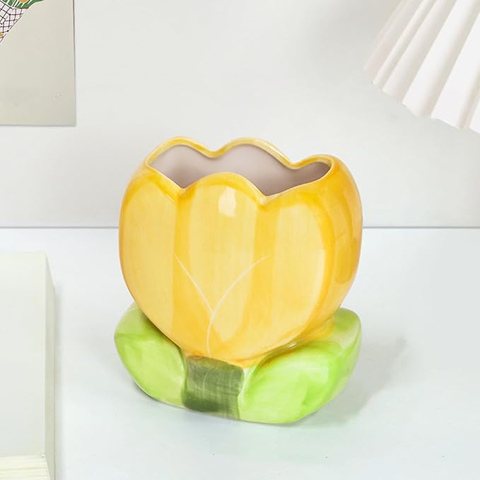 TANG SONG Ceramic Tulip Make up Brush Holder Flower Cosmetic Storage Box Pen and Pencil Holder Desktop Organizers (Yellow)