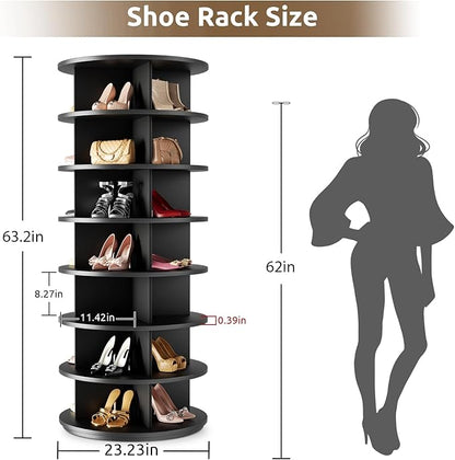 Rotating Shoe Rack 7 Tier Spinning Shoes Organizer Tower for 28-32 Pairs Lazy Susan 360 Revolving Shoe Storage Cabinet Rotate Shoe Handbag Rack Round Carousel for Closet, Bedroom (Black)