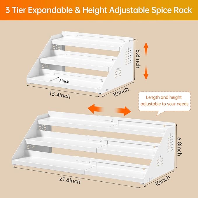 RCHYFEED Spice Rack Organizer for Cabinet, Expandable 3 Tiered Spice Rack, Metal Spices Organizer, Height Adjustable Fits More Space, Display Shelf Organizers for Cabinet Countertop Pantry Cupboard