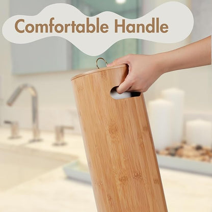 Gobam Bamboo Toilet Paper Storage with Dual-Use Lid, Freestanding Bathroom Tissue Organizer with Viewing Slot, Built-In Handle, Anti-Slip Base, Compact Toilet Paper Holder Stand for up to 3 Mega Rolls