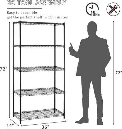 5 Tier Metal Shelving Unit Adjustable Wire Storage Shelves NSF Metal Storage Rack Shelf Organizer Kitchen Storage for Pantry Office, 1200Lbs Capacity, 72" H x 36" W x 14" D, Black
