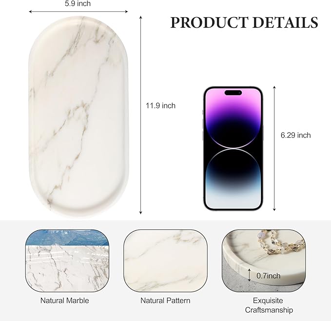 Koville White Marble Tray with Gold Pattern for Bathroom Counter, Stone Trays for Home Decor Marble Vanity Tray, Stone Storage Trays for Perfume, Jewelry, Decorative Tray for Dresser Organizer