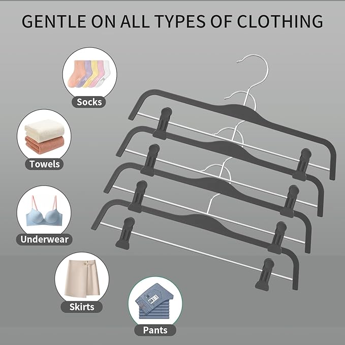 HUADYMEET 10 Pack 14 Inch Pants Skirt Hangers Non Slip,Plastic Jeans Trousers Hangers with Adjustable Clips and Swivel Hook for Women,Men,Heavy Duty Space Saving Clothes Hanger for Shorts,Slacks,Grey