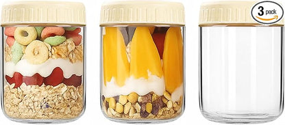 Overnight Oats Containers with Lids, 16oz Wide Mouth Mason Jars with Lids, 3 Pack Glass Jars with Airtight lid for Chia Pudding Yogurt Salad, Meal Prer Oatmeal Jars, Yellow