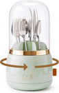360°Utensil Holder Silverware Organizer with Lid, kitchen countertop flatware organizer and Countertop Storage,Forks, Knives and Spoons Organizer,7 Slots and Intermediate Device with Cover.（green）